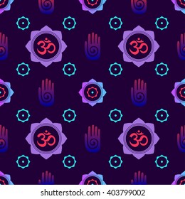 Hindu design Indian seamless oriental pattern. Vector illustration with sacred East religious symbols of buddhism Vector set. Folk art Abstract meditation background Purple Blue Violet Pink colors