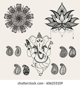  Hindu elephant  God Lord Ganesha, patron of arts,  sciences, lotus flower, mandala and paisley elements set