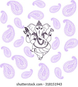 Hindu elephant head God Lord Ganesha, patron of arts,  sciences. Vintage decorative vector elements isolated. Hand drawn paisley background. Indian, Hindu motifs. Tattoo, yoga, spirituality, textiles.
