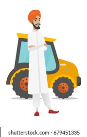 Hindu farmer standing on the background of tractor. Young smiling farmer with folded arms standing in front of tractor. Vector flat design illustration isolated on white background.