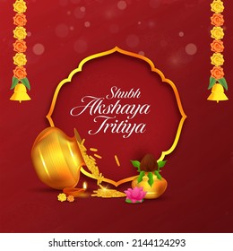 Hindu Festival Akshaya Tritiya Concept With Akshaya Tritiya Wishes, Golden Kalash With Full Of Gold Coins, Lotus, And Ornaments For Prayer. 