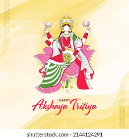 Hindu festival Akshaya Tritiya wishes with illustration of Wealth Goddess Laxmi, kalash with full of gold coins.