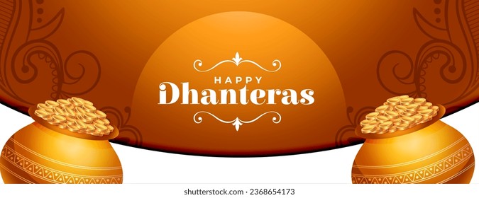 hindu festival happy dhanteras wishes banner with gold coin pot design vector. Translation: Happy Dhanteras, dhan means wealth teras means thirteen