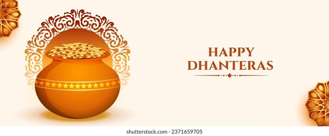 hindu festival happy dhanteras wishes banner pray for wealth and prosperity vector. Translation: Happy Dhanteras, dhan means wealth teras means thirteen
