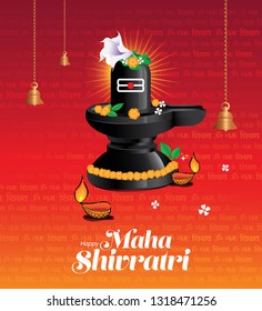 Hindu Festival Happy Maha Shivratri Greeting Card Illustration with lingam, Lamp, Flowers and Hanging Bells