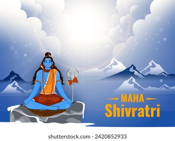 Hindu Festival of Maha Shivaratri Celebration Concept with Lord Shiva Meditating on Floating Rock and Glossy Glacier Mountain Illustration.