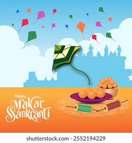  O festival hindu de Makar Sankranti com pipas vibrantes no céu uma tigela de ladoos e carretéis de linha Happy Makar Sankranti está escrito na parte inferior simbolizando a celebração da alegria