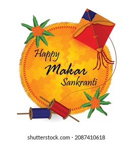 Hindu festival of Makar Sankranti with a kite, spool, mango leaves, and marigold flowers, Happy Makar Sankranti, Colorful flying kite Banner Poster Vector Illustration Mandala Background