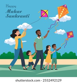 The Hindu festival of Makar Sankranti  pepole flying colourful kites soaring above a cityscape spools of thread and Happy Makar Sankranti written at the up