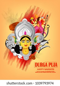 Hindu Festival Navratri, with Beautiful Face of Maa Durga on decorative background