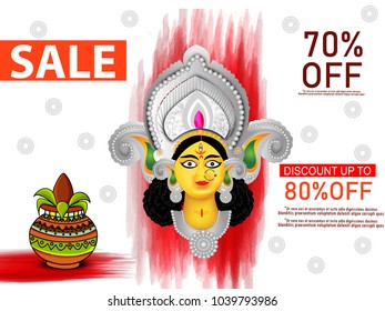 Hindu Festival Navratri, with Beautiful Face of Maa Durga on decorative background