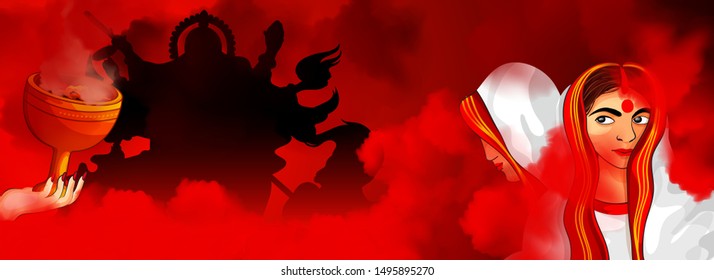 Hindu Festival Navratri or Durga Puja Banner, Website Header Design with Goddess Durga Illustration. Shubh Navratri.