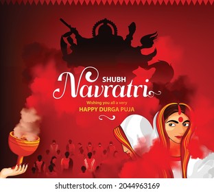 Hindu Festival Navratri or Durga Puja Design, Poster Design with Beautiful Goddess Durga Illustration. Shubh Navratri.