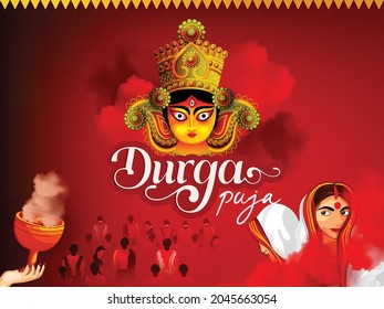 Hindu Festival Navratri or Durga Puja Design, Poster Design with Beautiful Goddess Durga Illustration. Shubh Navratri.