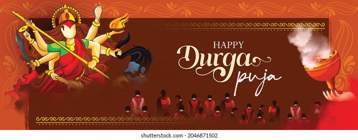 Hindu Festival Navratri or Durga Puja Banner, Website Header Design with Goddess Durga Illustration. Happy Durga Puja.