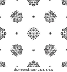 Hindu floral fabric print in black, white colours. Allover vector pattern for adult colouring book, interior, wallpaper, apparel textile, phone case. Monochrome oriental bold line tiny flower design