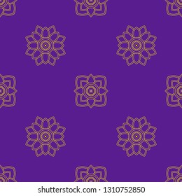 Hindu floral fabric print in violet, yellow colours. Allover folk vector pattern for adult colouring book, interior, wallpaper, apparel textile, phone case. Eastern linear geometric flower design