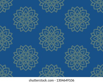 Hindu flower mandala design in blue, yellow colours. Seamless retro vector pattern for adult colouring book, interior, wallpaper, fabric, apparel textile, phone case. Asian floral allover linear motif
