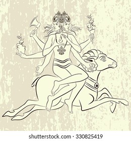 Hindu God Agni sitting on the sheep. Vector illustration.