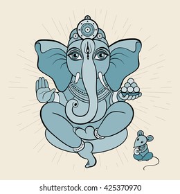 Hindu God Ganesha. Ganapati. Vector hand drawn illustration. Meditation in lotus pose