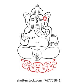 Hindu God Ganesha. Ganapati. Vector hand drawn illustration. Meditation in lotus pose