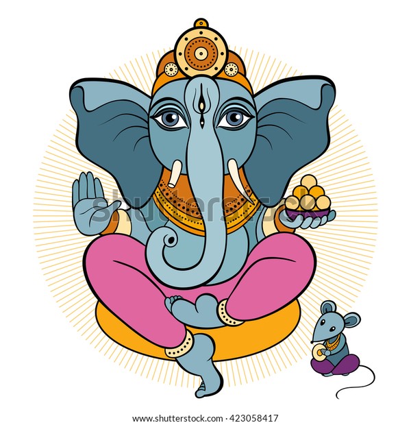 ヒンドゥー教の神ガネシャ ガナパティ ベクター手描きのイラスト 蓮のポーズでの瞑想 のベクター画像素材 ロイヤリティフリー 423058417