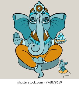 Hindu God Ganesha. Golden Ganapati. Vector hand drawn illustration. Meditation in lotus pose