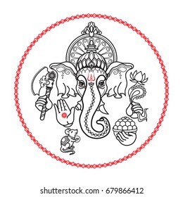 Hindu God Ganesha. Hand drawn Vector illustration.  Black line isolated on white. 