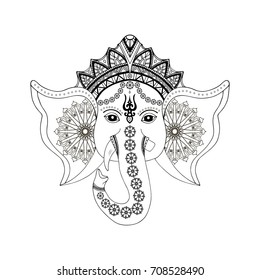 Hindu god Ganesha head. Isolated on white background. Vector