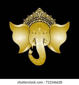 Hindu God Ganesha head. Isolated on black background. Vector