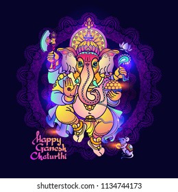 Hindu God Ganesha. Line art card with Lord Ganesh. Hand drawn tribal style. Ganesha ganapati Vector illustration on dark blue background. Hindu elephant. Happy ganesh chaturthi design.
