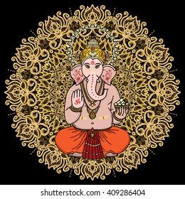 Hindu god Ganesha on a gold mandala background. Sing OM on his hand. Vector illustration.