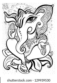 Hindu God Ganesha. Ornamental Vector hand drawn illustration.
