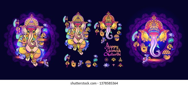 Dios hindú Ganesha. Conjunto de elementos de Lord Ganesh para la tarjeta de saludo. Estilo tribal dibujado a mano. Dibujo del ganapati Vector de Ganesha sobre fondo azul oscuro. elefante hindú. Feliz diseño de chaturthi ganesh.