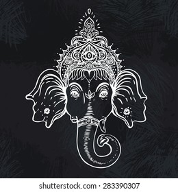 Hindu god Ganesha. Vector illustration over the blackboard background.