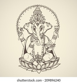 Hindu god ganesha -- the god of wisdom and prosperity. Vector hand drawn illustration.