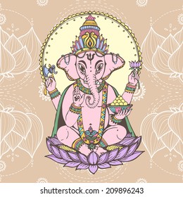 Hindu god ganesha -- the god of wisdom and prosperity. Vector hand drawn illustration.