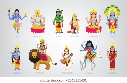 Hindu God Goddess Deity Characters Cute Cartoon Set