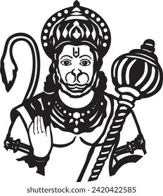 Hindú Dios Hanuman, el devoto de Dios Ram. Ilustración editable detallada. Grabado vectorial vintage, corte, corte láser, impresión. Aislado sobre fondo blanco.