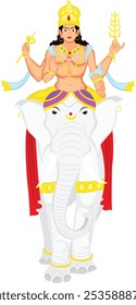 Hindu God Indra Dev Sitting On Elephant Vector Illustration
