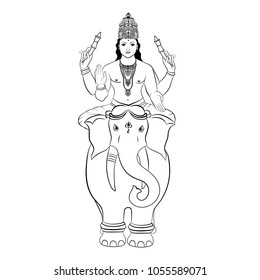 Hindu God Indra sitting on the elephant. Vector illustration.