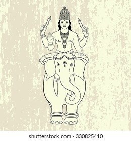 Hindu God Indra sitting on the elephant. Vector illustration.