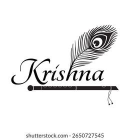 Hindu God Krishna logo vector with peacock feather and flute black white religious  symbol illustration