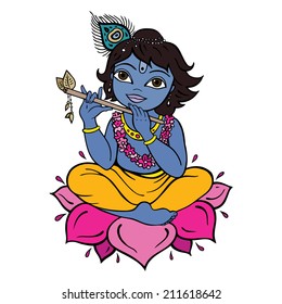 Hindu God Krishna. Vector hand drawn illustration.