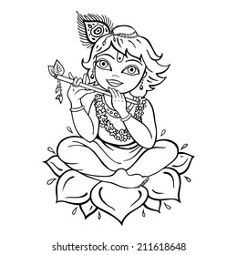 Hindu God Krishna. Vector hand drawn illustration.