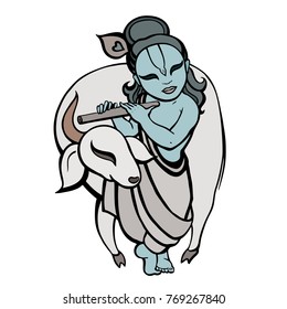 Hindu God Krishna. Vector hand drawn illustration.