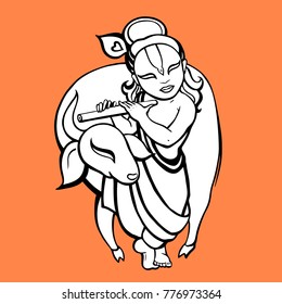 Hindu God Krishna. Vector hand drawn illustration.