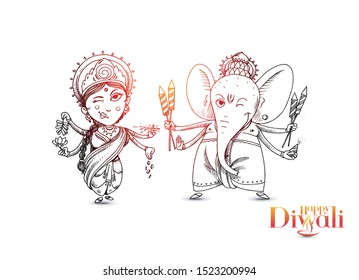 Hindu God Laxmi Ganesh at Diwali Festival, Hand Drawn Sketch Vector illustration.