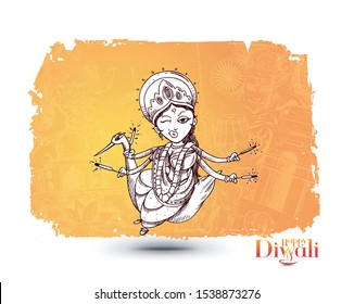 Hindu God Laxmi and text Happy Diwali Festival  Hand Drawn Sketch Vector illustration 