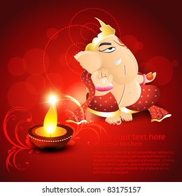 hindu god lord ganesh on artistic background with diya